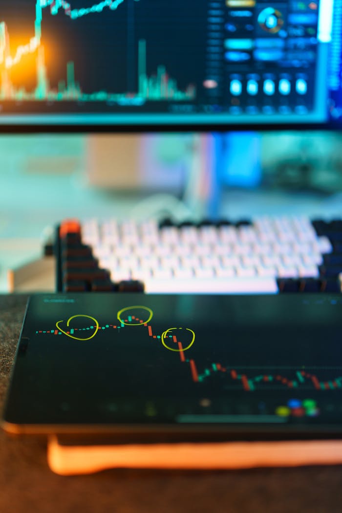 Services Visual of cryptocurrency trading screens displaying market analysis and candlestick charts.